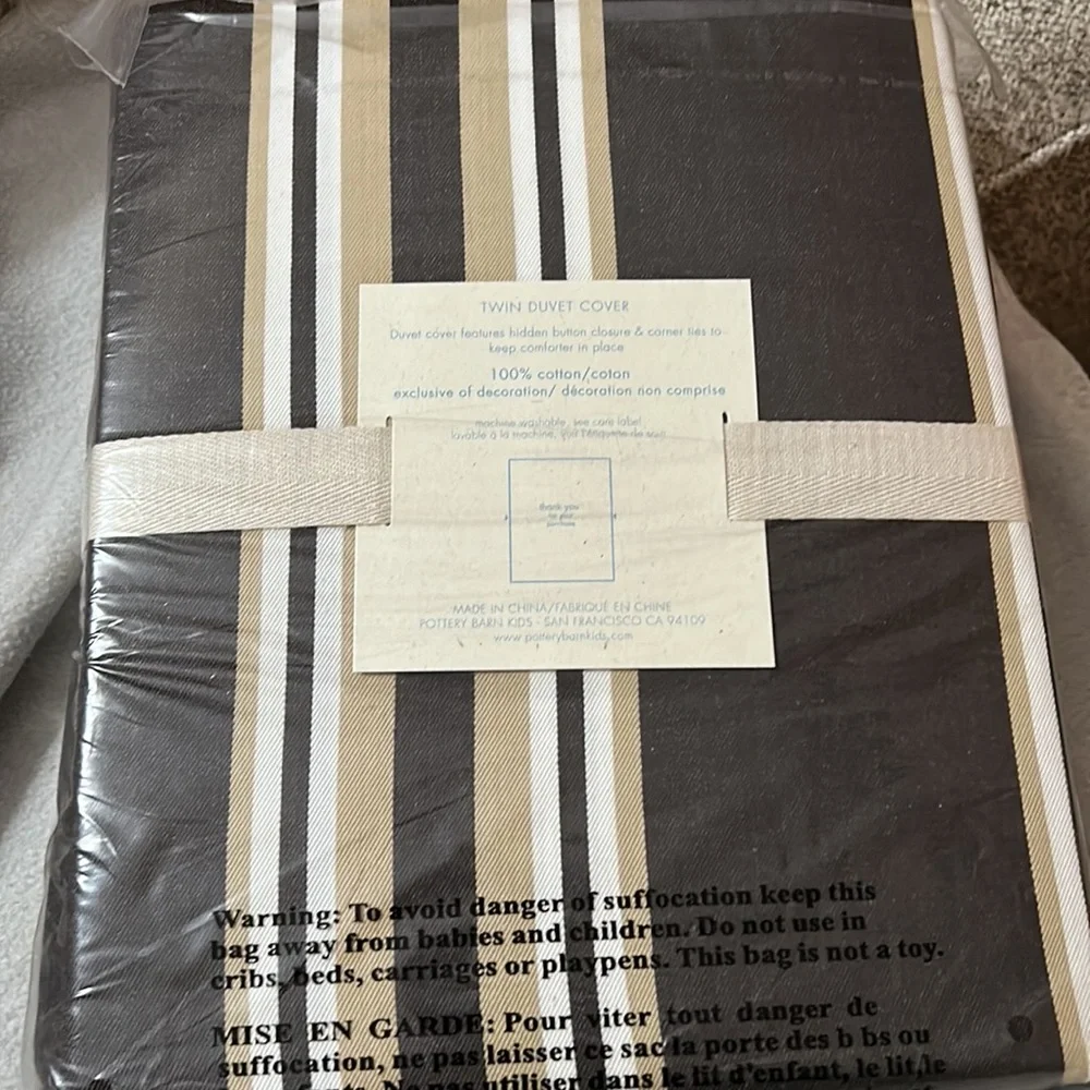 Pottery Barn Kids Varsity Stripe Duvet Cover Twin NEW Brown Tan Cotton Masculine